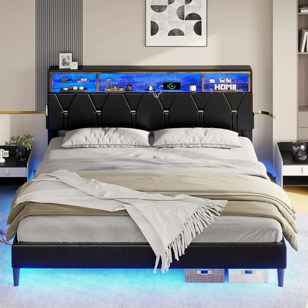 Bed Frame with LED Lights and Headboard Storage, LED Bed Frame King Size with Charging Station, Upholstered Bed Frame