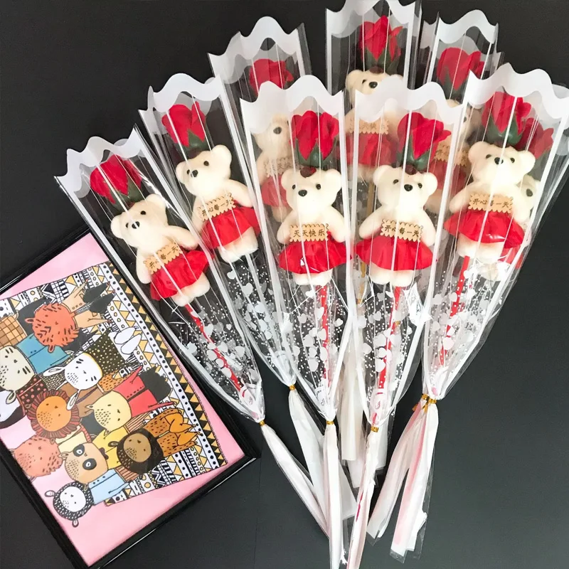 3Pcs Artificial Rose Bear Flowers Soap Bouquet Mother's Day Valentine Lovely Flower Gifts Wedding Favors Home Decoration Bouquet