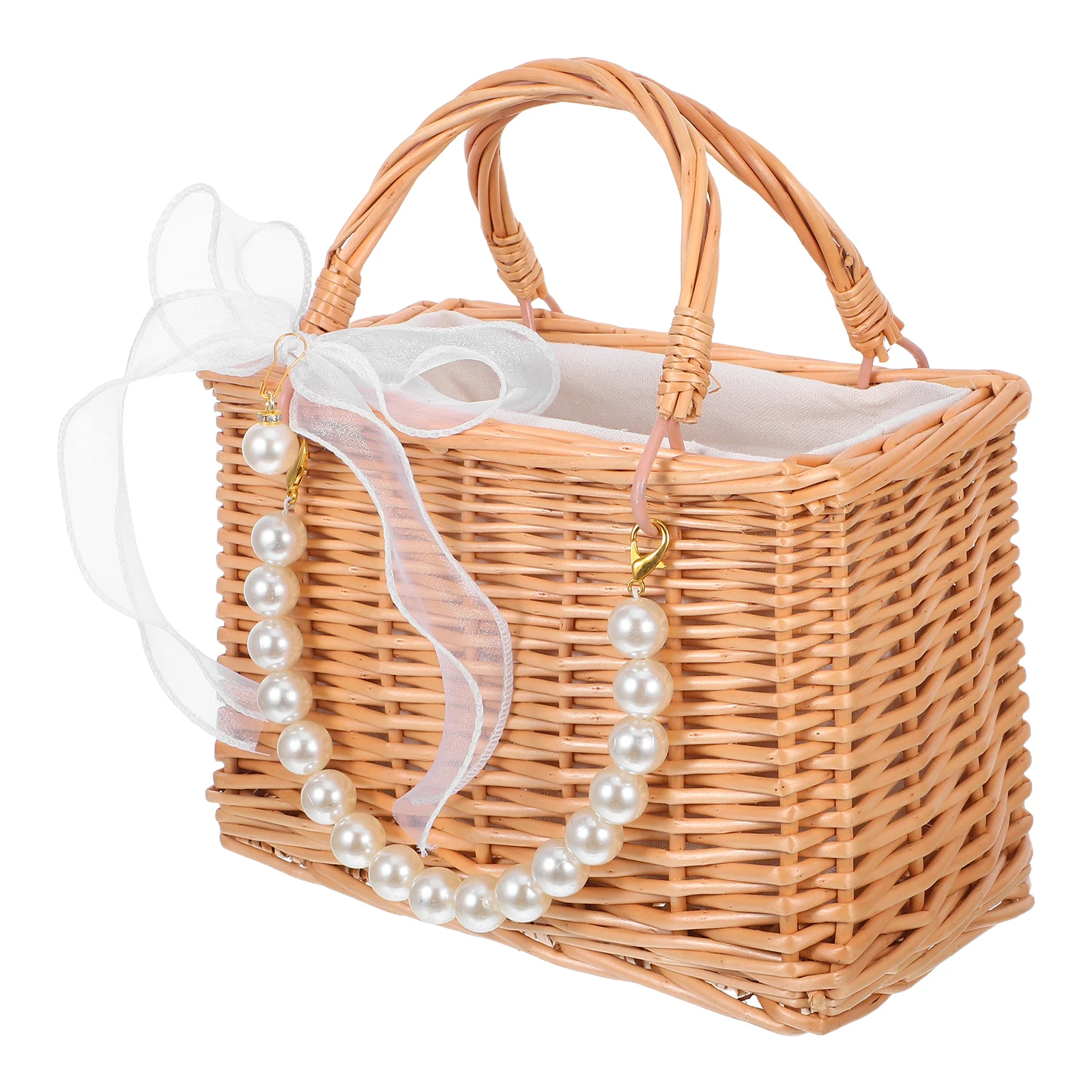 

Pearl Flower Basket Willow Handheld Baskets for Weddings Decorative Woven Flowers Storage Braided Wedding Day Girl