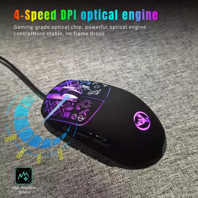 Wired Gaming Mouse 6-Button Design Unique Glowing Patterns Via Laser Engraving Comfortable Grip and Smooth Operation
