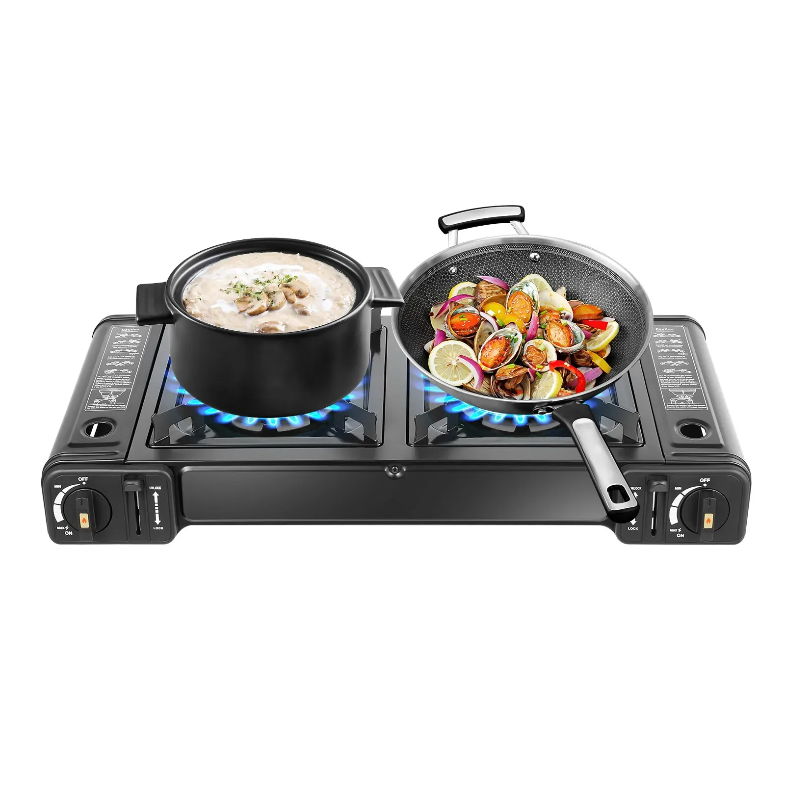 

Портативная походная плита с 2 конфорками и съемной решеткой для гриля - газовая плита для пикника на открытом воздухе