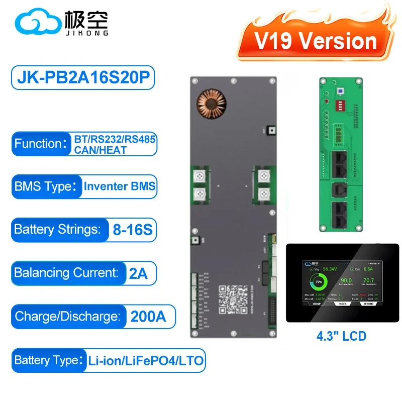 JIKONG V19 51.2V Lifepo4 100A 200A 300A Smart BMS 8S-16S Batterij Huishoudelijke Energie Inverter BMS Actieve Balancer V19 Versie
