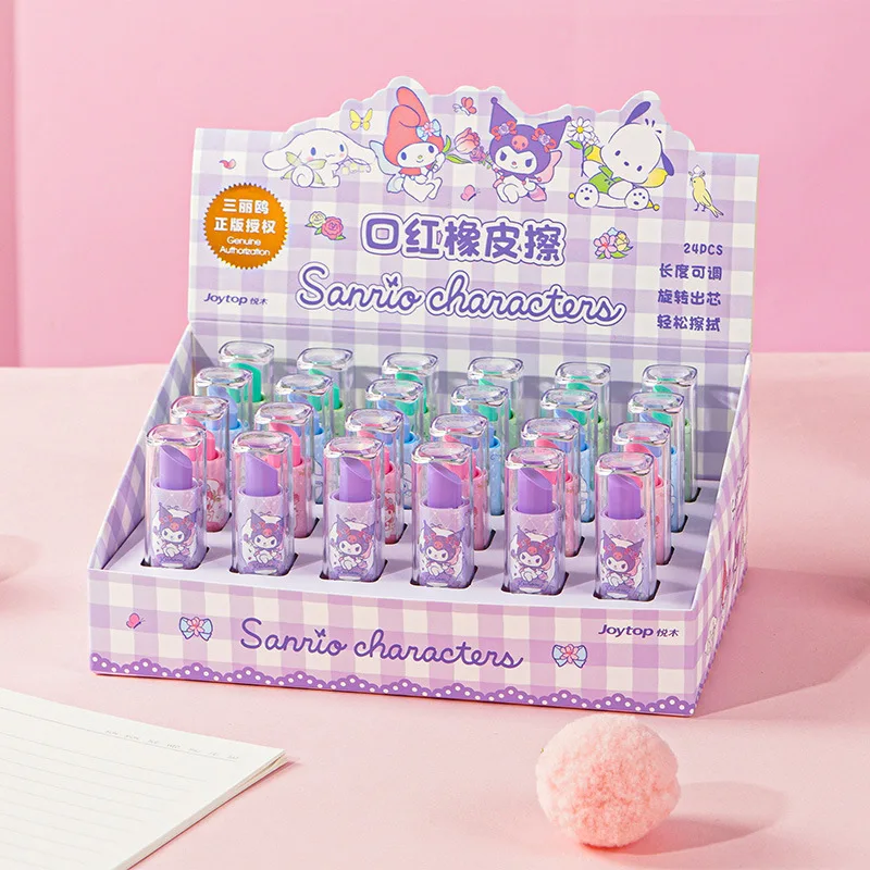 24pcs/lot Sanrio Kuromi Melody Eraser Pochacco Writing Drawing Lipstick Shape Pencil Erasers Stationery Gifts School Supplies