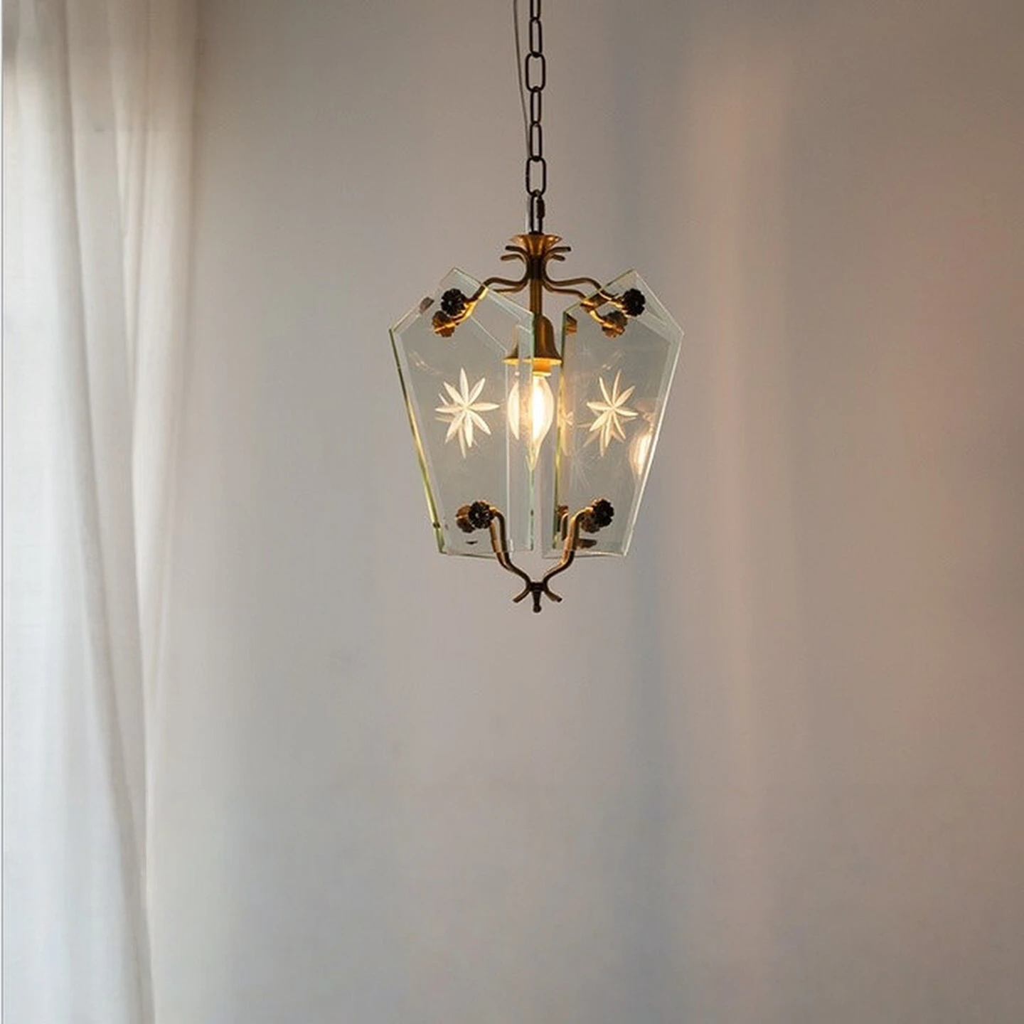 Luz pingente de vidro de floco de neve francês, luz pingente de cobre retro americano, varanda do quarto, estudo, luz da sala de jantar