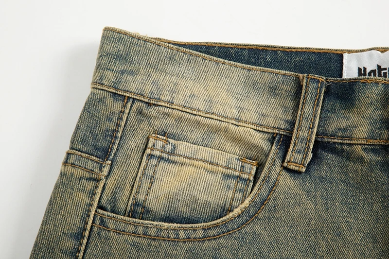 Vintage übergroße Split Deconstructed Herren breite Jeans Baggy Yellow Mud Dyed Washed Denim Jeans Cat Whisker Straight Denim Hose – Detail 11