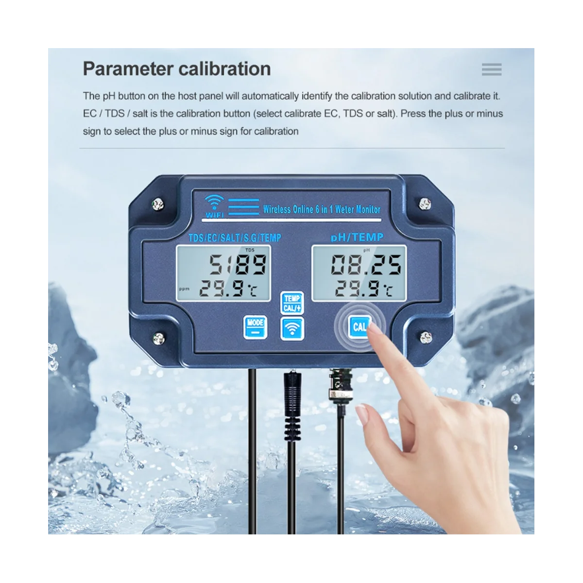 6-In-1 Digital Water Analyzer PH/EC/TDS/Salt/Gross Weight/Temperature Recording Online WiFi Water Quality Monitor (EU)