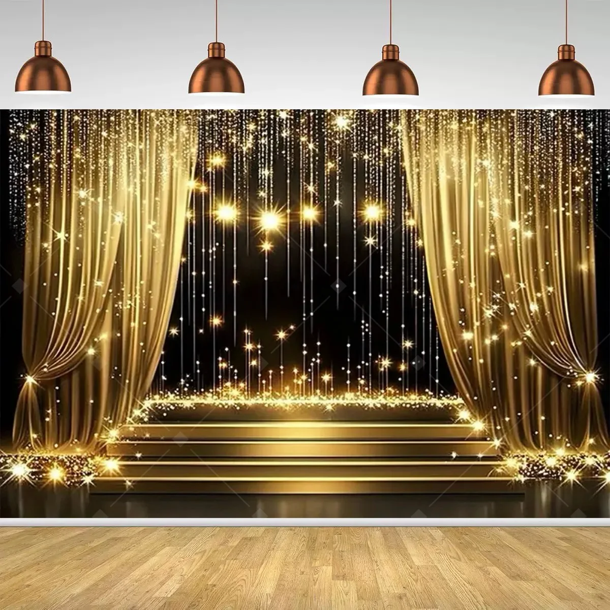 Schwarzgoldene schimmernde Bühnendekoration, sternförmiger schimmernder goldener Polka-Dot-Banner, geeignet für Geburtstags- und Hochzeitsfeiern. – Detail 4