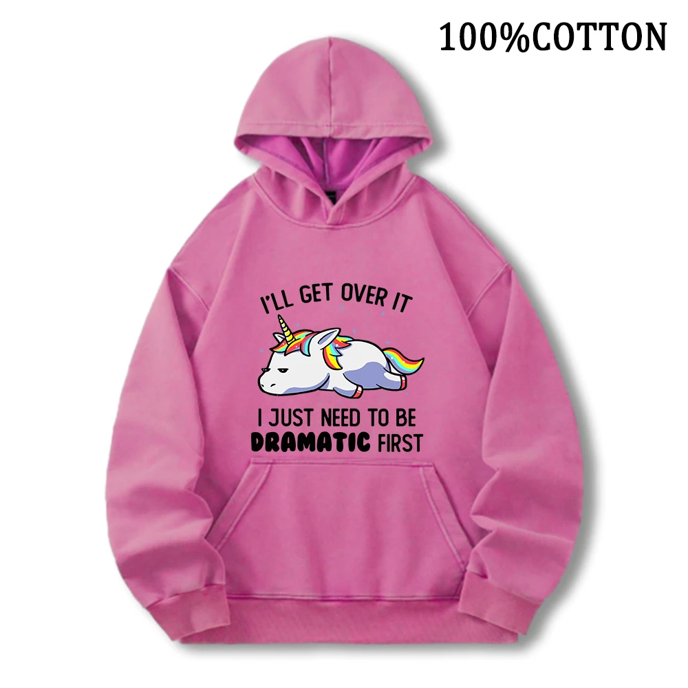 Colorful Unicorn Man Hoodies Vintage Washed Hoodie 100% Cotton Hoody Leisurewear Pullover Soft Sports Shirt Streetwear Clothing