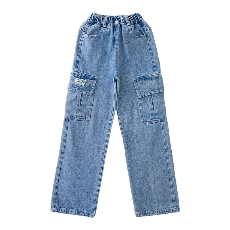 Fashion 2024 Cargo Jeans for Girls Spring Blue Pocket Hot Deals Teens Kids Cargo Pants Casual Straight School Children Trousers