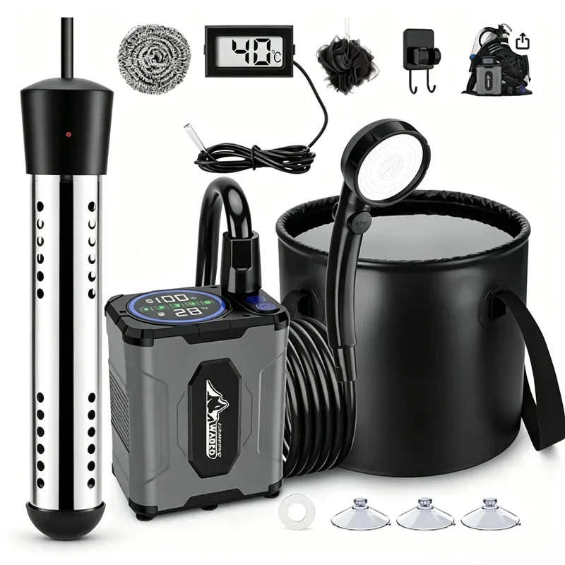New outdoor USB rechargeable camping shower, car wash shower tool, with bucket, suitable for hiking, cars, pets