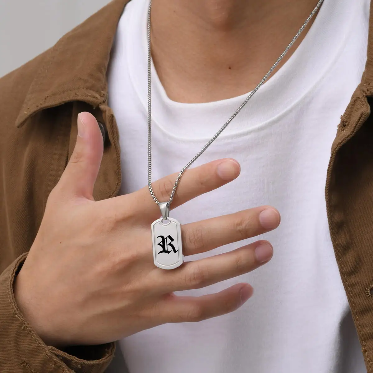 

Punk Initial DogTag Necklace for Men,A-Z 26 Letter Stainless Steel Pendant Necklaces,Old English Number Jewelry Gifts for BBF