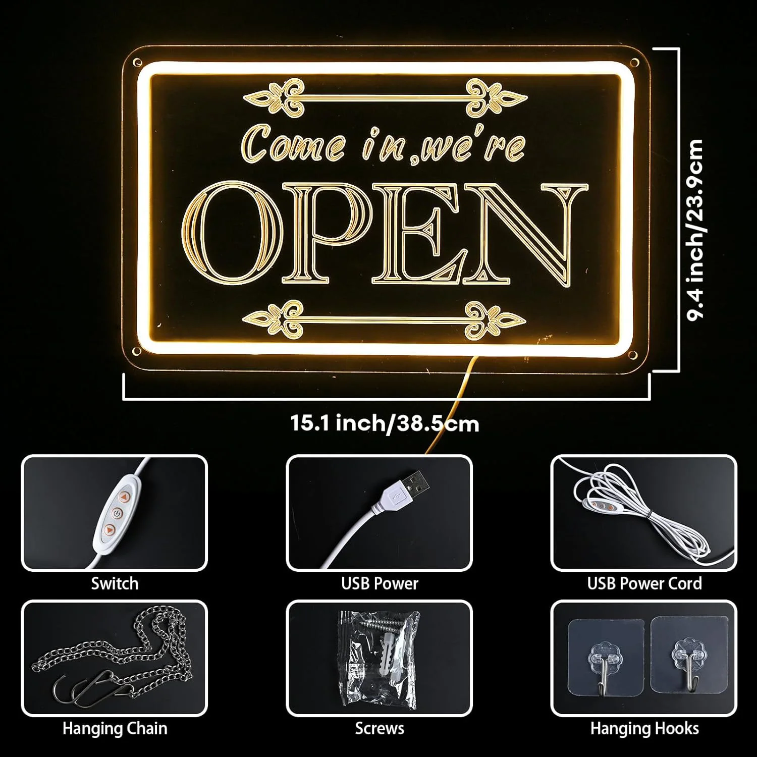 Open LED Neon Light - USB Powered, With Dimmer, Adjustable Brightness, Perfect for Shops, Cafes, Restaurants, Business Sign