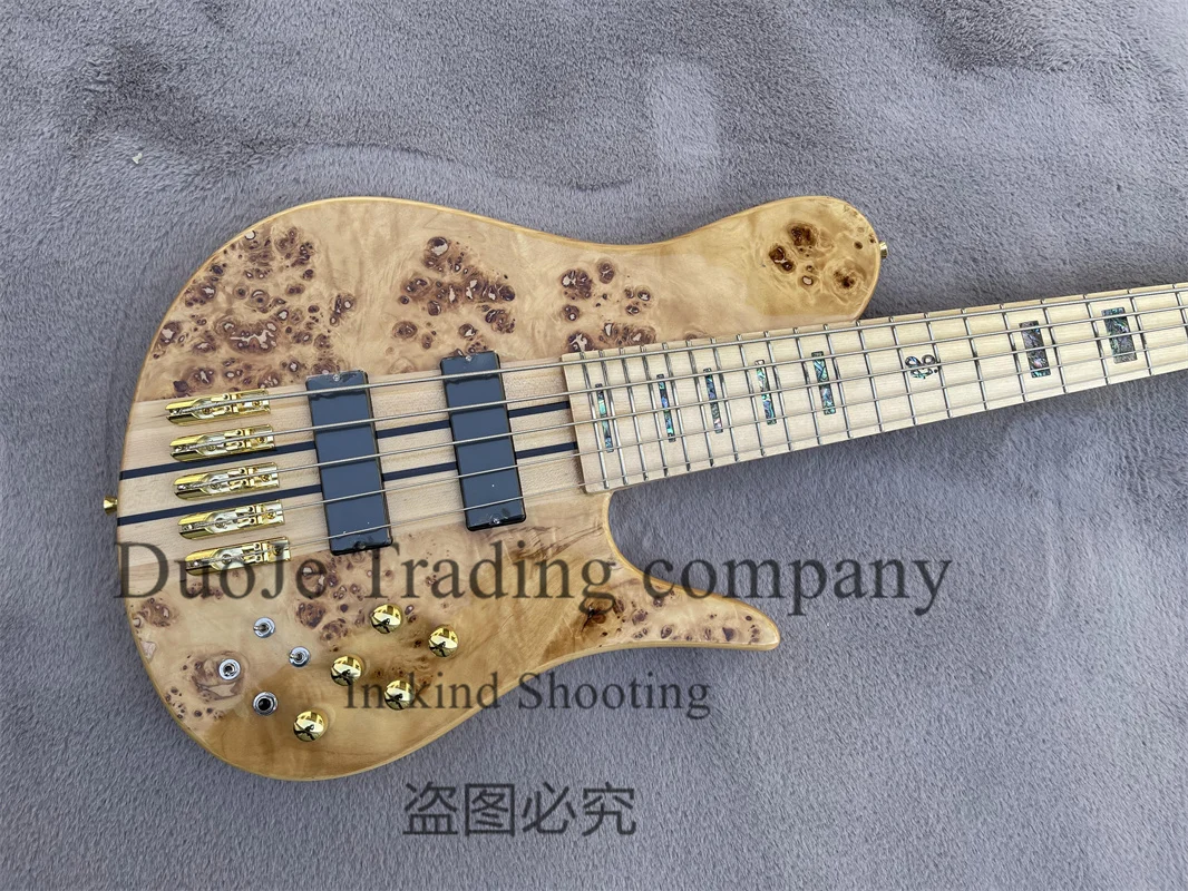 5 String Natural Electric Bass Fode Bass Maple Neck Through Body Brul Maple Top  Abalone Shell Inlay Active passive line