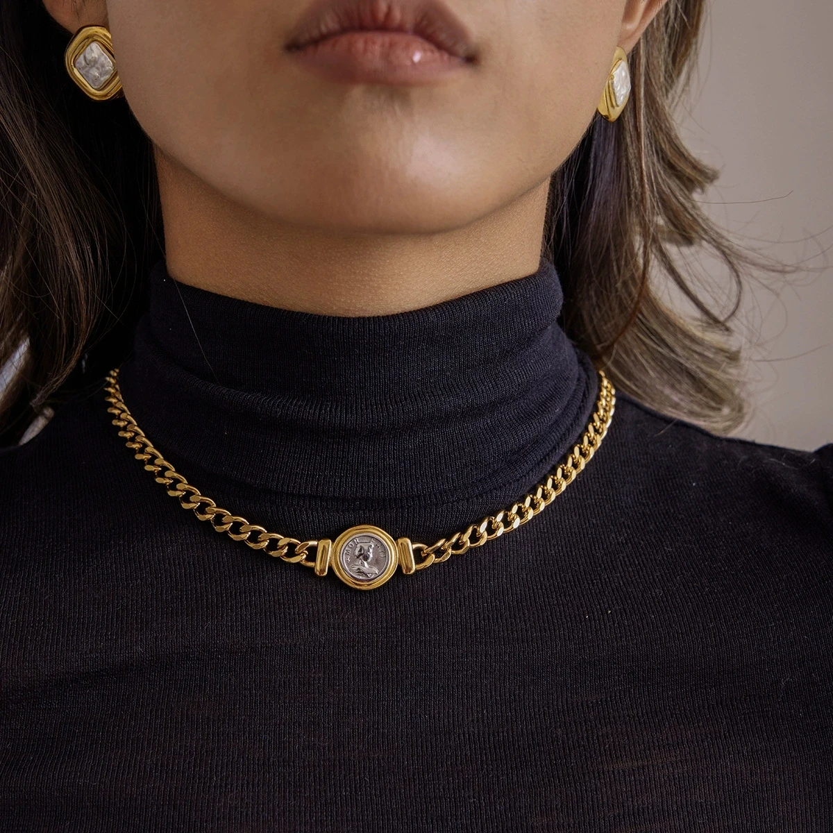 Vintage Roman Coin Charm Lariat Necklace, Two-Tone Gold and Silver Stainless Steel Luxury Y-Drop Necklace for Women, Fall Winter