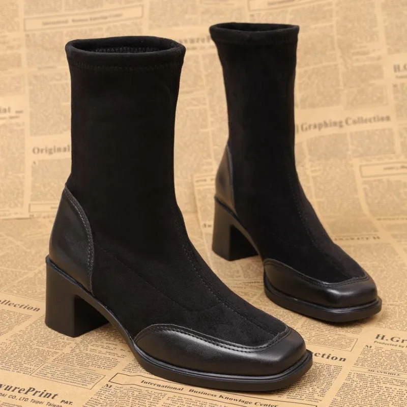 Short Shoes for Woman Black Women's Ankle Boots Sock Footwear Combat Booties Very High Heels Suede Punk Style Heeled Autumn Boot