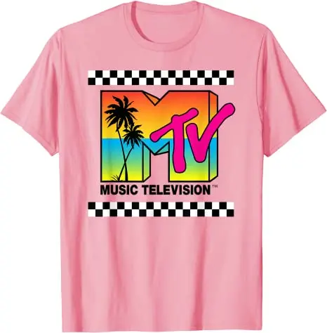 MTV Beach Island Flamingo Vintage Grafik T-Shirt M-T-V Sonnenuntergang-Form Boombox Schachbrettmuster Design T-Shirt Top Man on The Moon Outfits – Detail 4