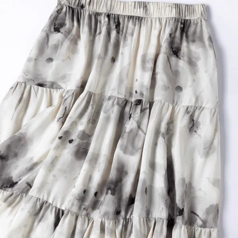 Birdtree 70 % Maulbeerseide, 30 % Baumwollrock, Damen-Tintenwaschdruck, elastische Taille, lockere Röcke, 2025, Sommerneu, D56907JF