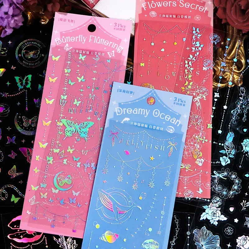 1 Pc Butterfly Flower Pattern Sticker Laser Kpop Idol Photo Card Deco Stickers DIY Scrapbooking Journaling Lace Collage Material