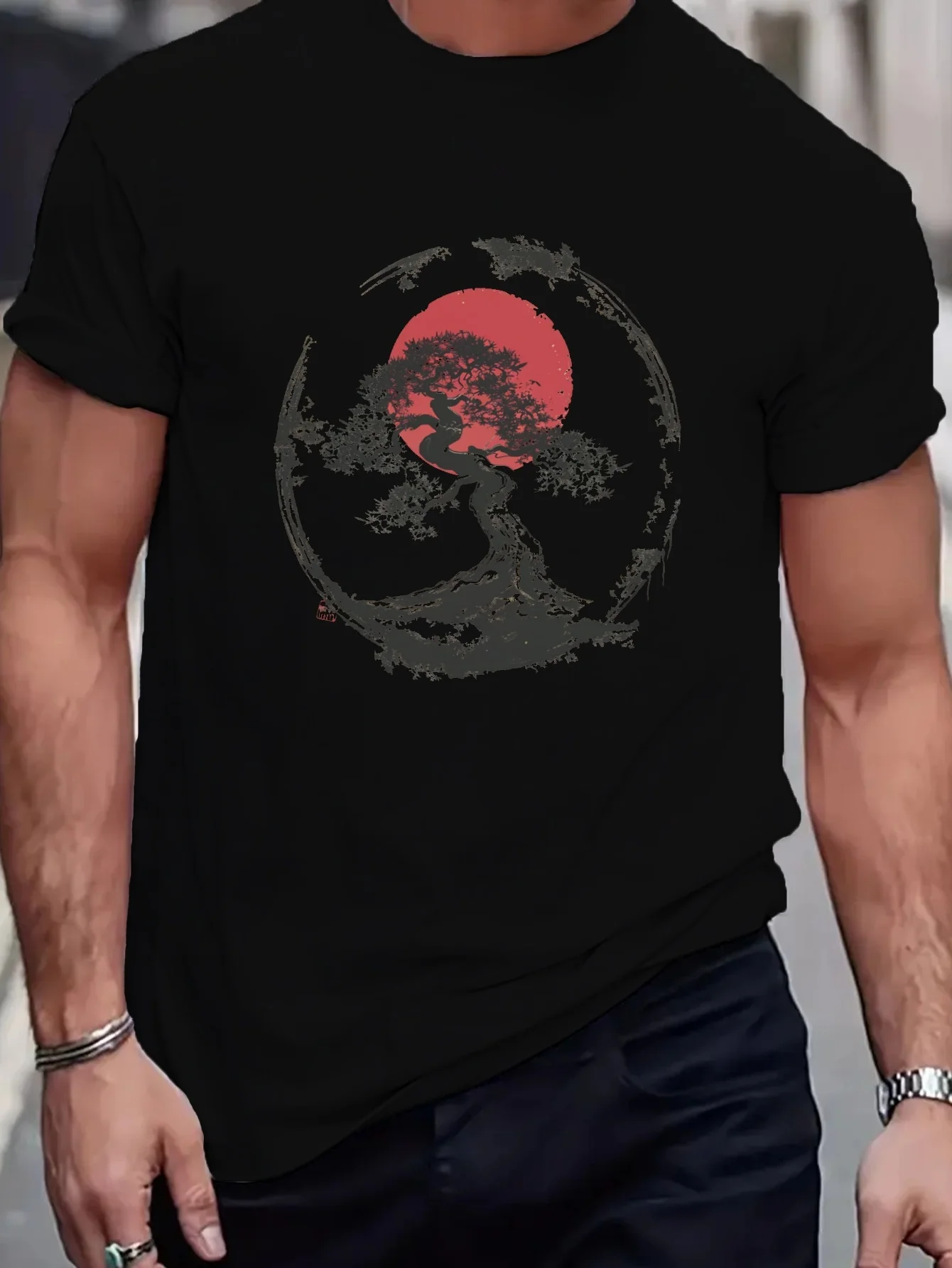Summer 100% Cotton Men's T Shirt Breathable Comfortable Fabric Japanese Bonsai Landscape Pattern Printing Suitable Daily Casual