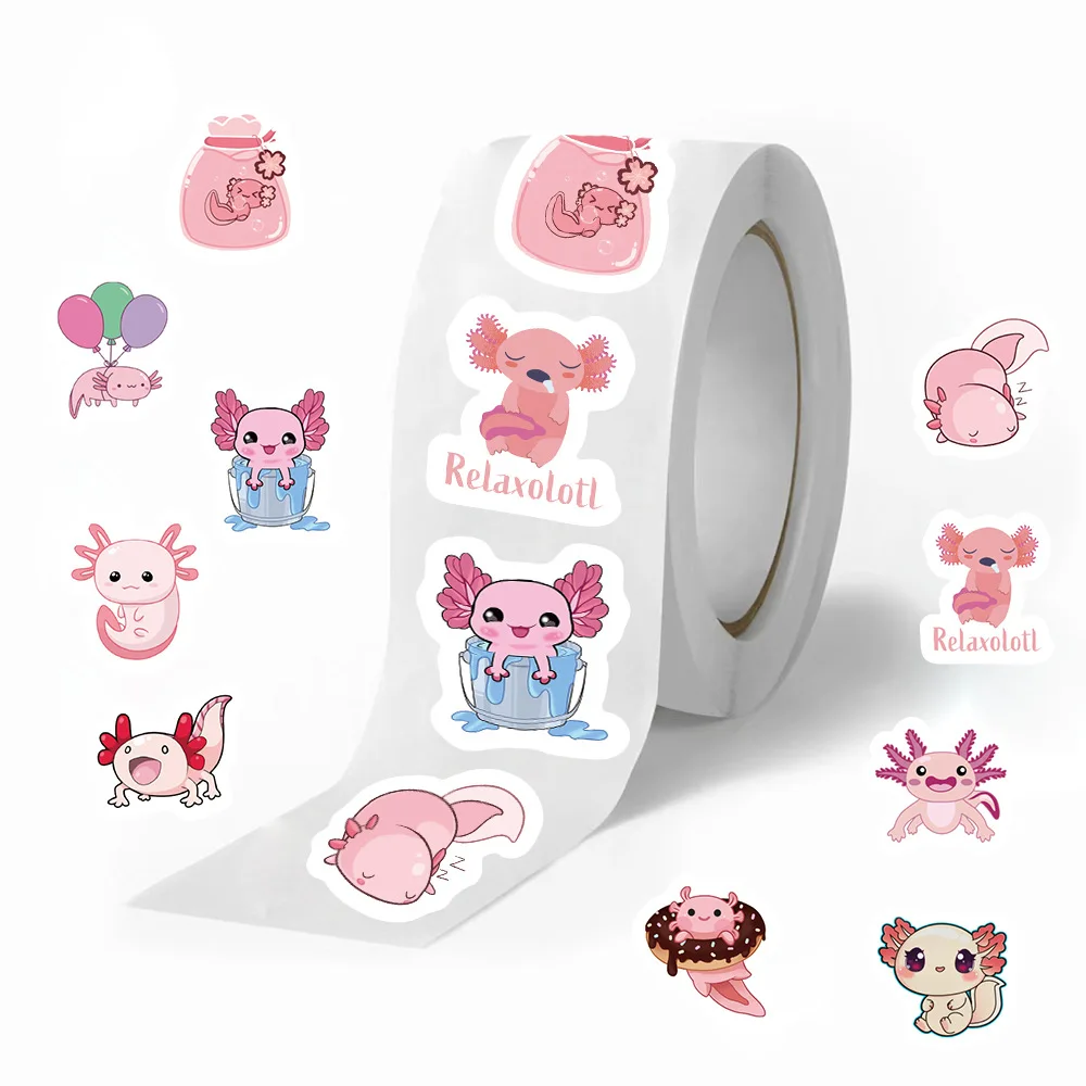 500 Stuks/Roll Leuke Axolotl Cartoon Seal Roll Stickers Diy Telefoon Gitaar Laptop Notebook Koffer Icebox Waterdichte Sticker kinderen Speelgoed