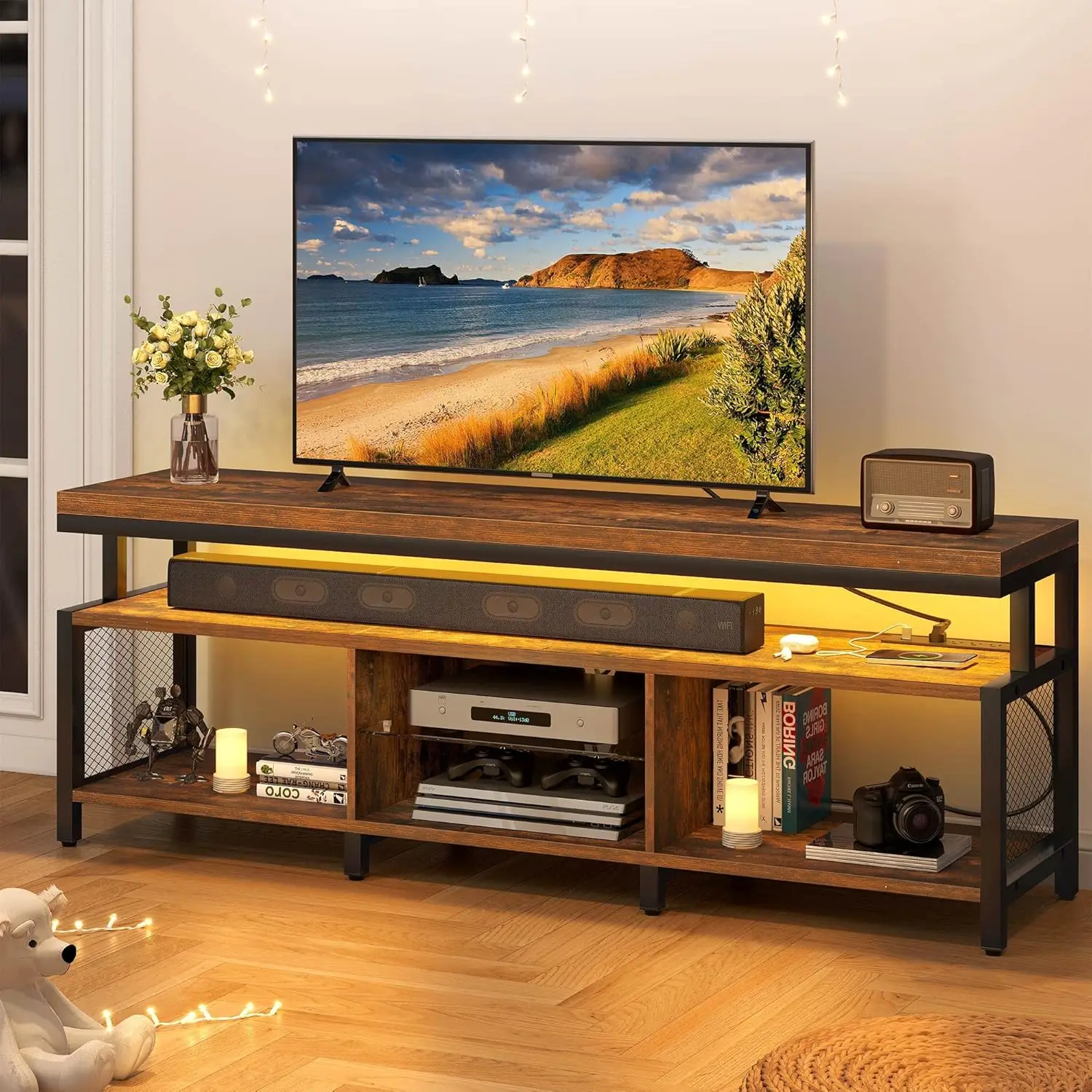 

LED Television Stands w/Power Outlets for 70/65 inch, Modern Industrial TV Stand, Entertainment Center w/Open Storage