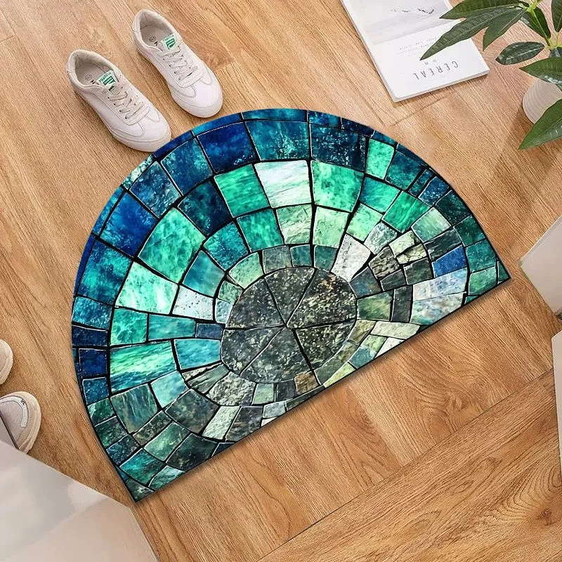VIKAMA Ocean Blue Mosaic Mat, Semi-Circle Stained Glass Anti-slip Bath Accessory