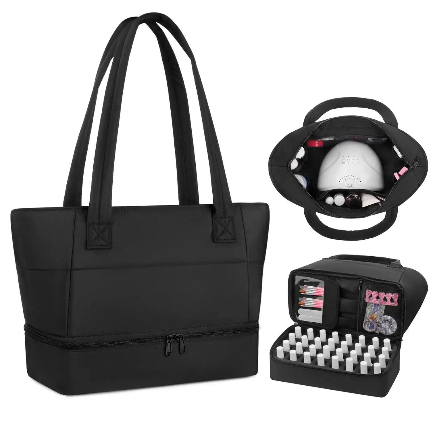 

Double Layer Nail Polish Organizer Holds 32 Bottles & Lamp, Portable Storage Case with Handle for Travel