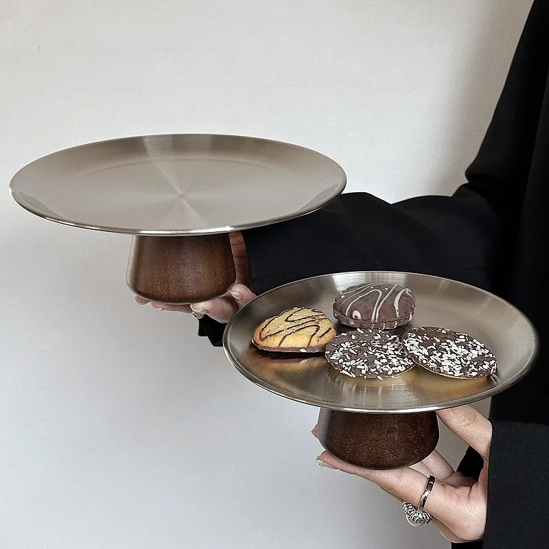 

French Style Stainless Steel Fruit Platter with Walnut Wood Stand, Tiered Serving Tray for Candy Dessert, Home Tea Party