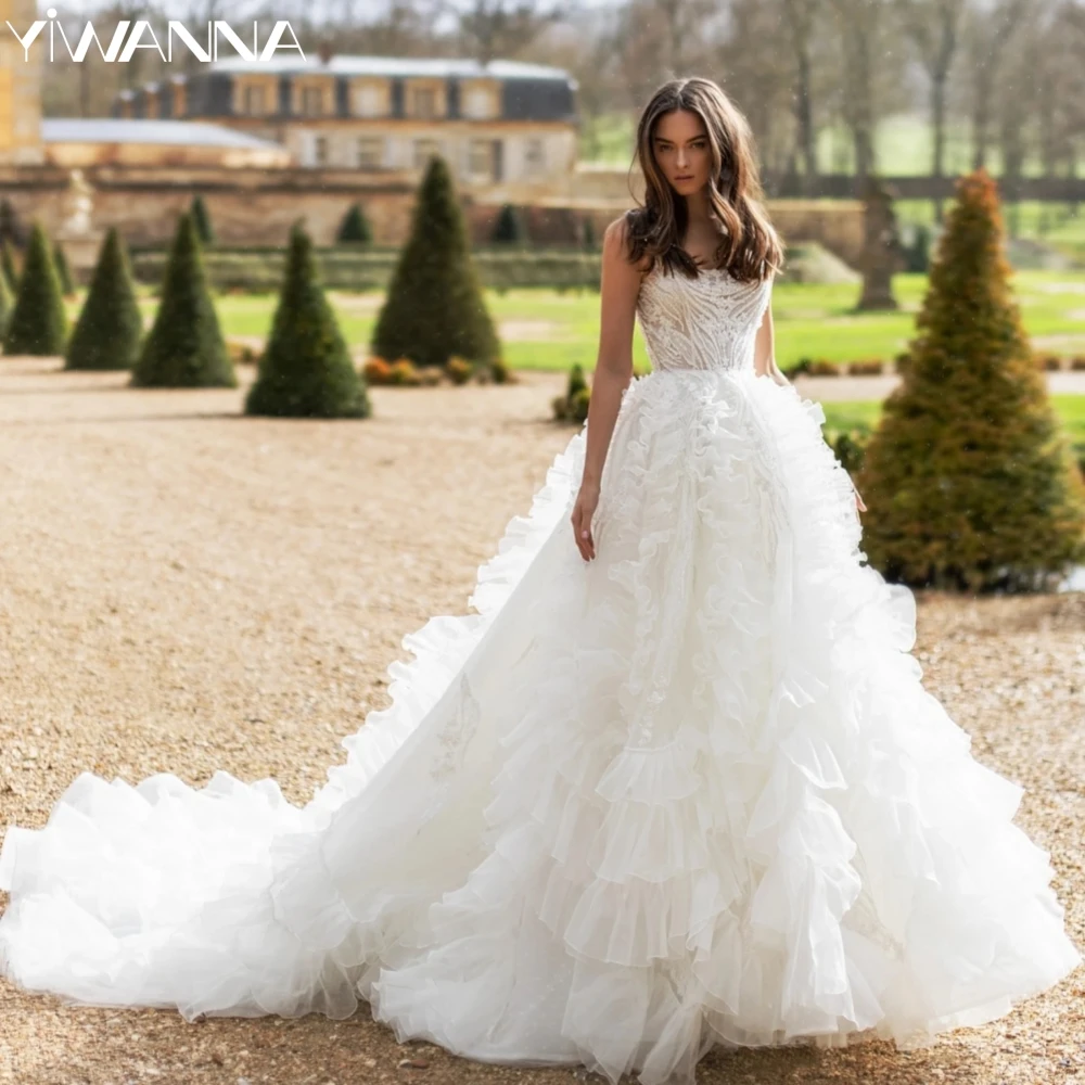 Vestido De novia clásico con volantes y tirantes finos, apliques De lentejuelas, vestido De novia personalizado, corte en A, vestidos De novia largos