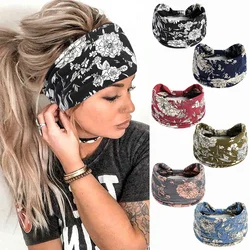 New Boho Flower Print Wide Headbands Vintage Knot Elastic Turban Headwrap for Women Girls Cotton Yoga Bandana Hair Accessories