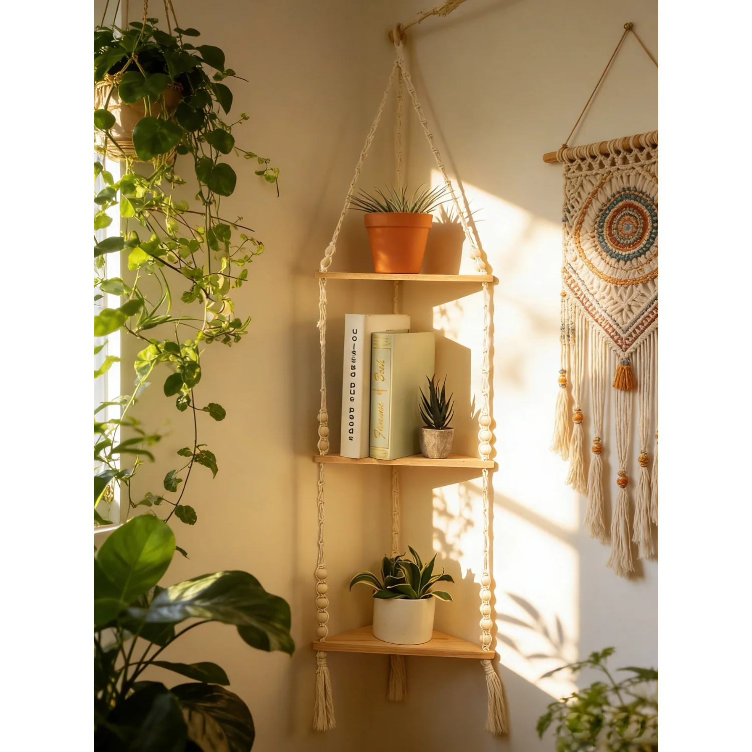 

1pc Bohemian Style Corner Hanging Storage Rack, Woven Rope Floating Shelf, Plant Display Rack, Suitable For Living Room, Bedroom