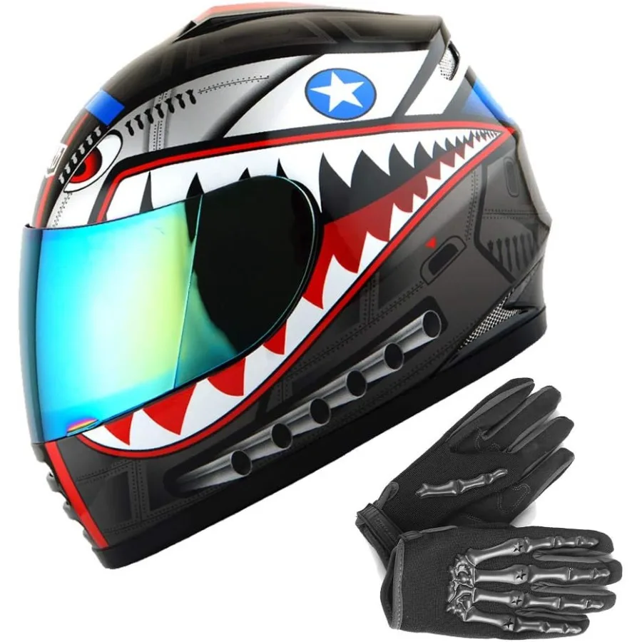 

WOW Youth Motorcycle Full Face Helmet Street Bike BMX MX Shark Black + MX Skeleton Glove Bundle for Young Riders with Advanced