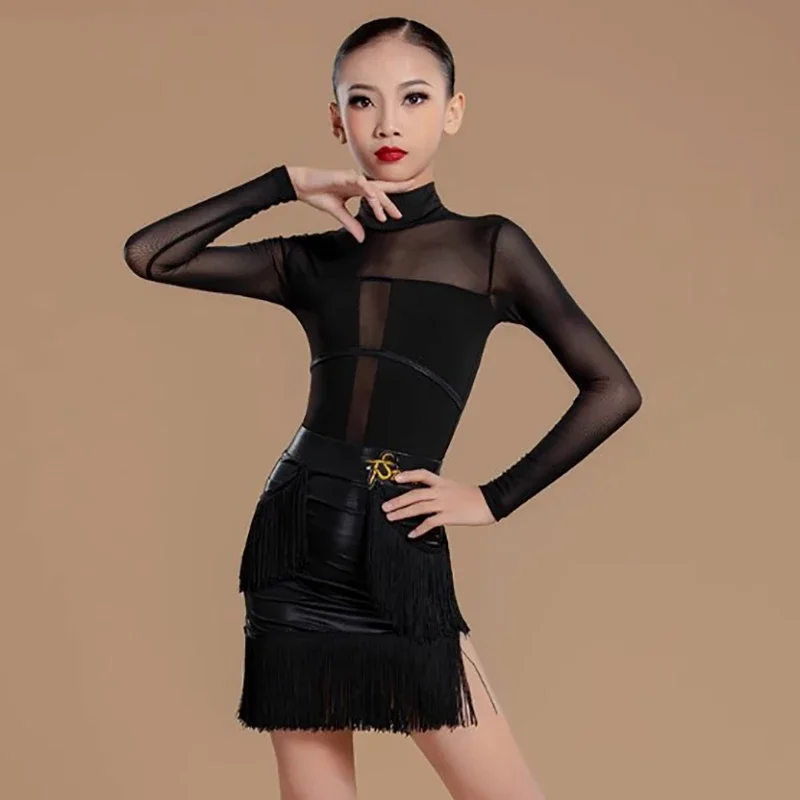 

Детская одежда для латиноамериканских танцев для девочек: боди с длинными рукавами из сетки и латексные юбки с бахромой, костюм для выступлений в стиле ча-ча-ча и румба.