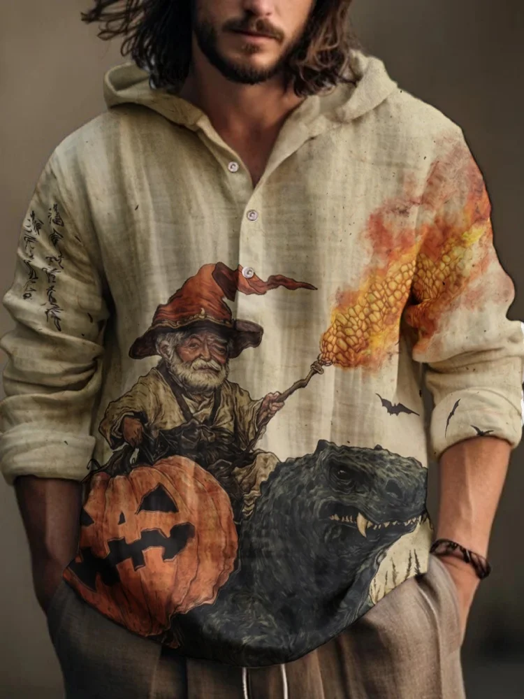 Mens Casual Hooded Long Sleeve Shirt Retro Halloween Dinosaur Pumpkin Print Button Down Loose Fit Top Plus Size