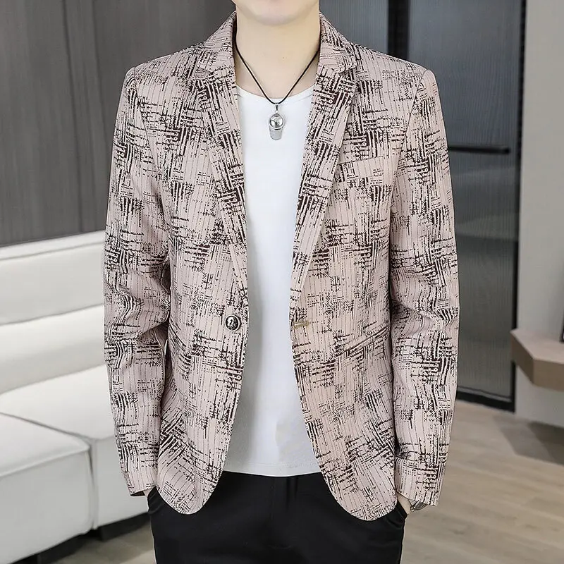 

2025 Spring Korean Plaid Suit Jacket for Men Slim Fit Casual Men Blazers Handsome Versatile Social Office Barber Suit Jacket