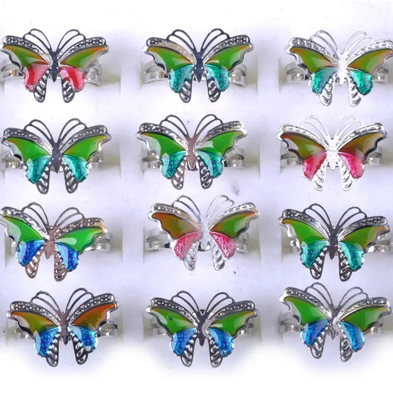 Vintage Butterfly Glitter Powder Adjustable Size Mood Ring Unique Temperature Control Color Animal Rings Fashion Female Jewelry