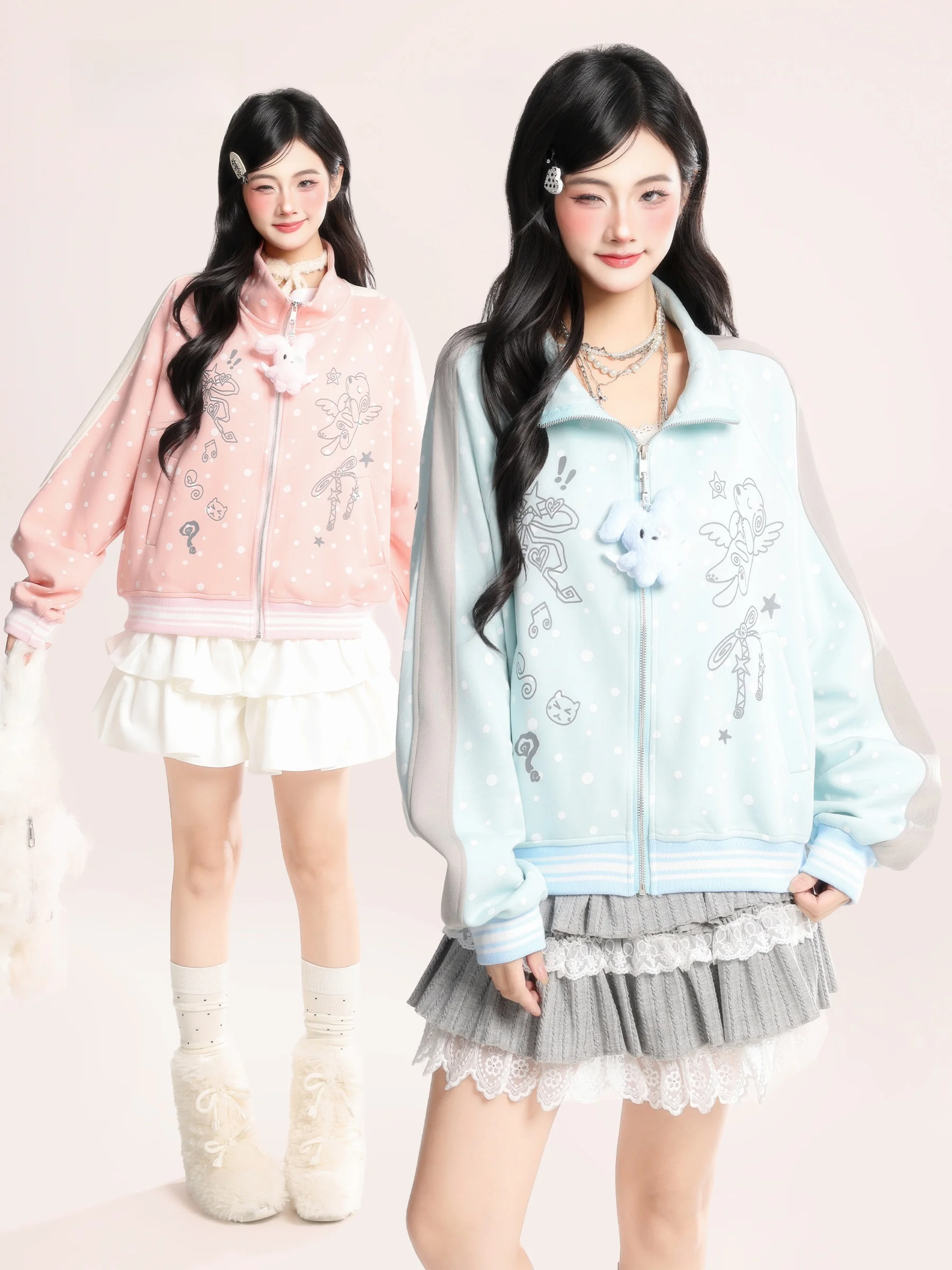 

HTYM Cartoon Polka Dot Print Shoulder Sleeve Outerwear Women's Spring New College Style Versatile Jacket Top Commute Loose Fit