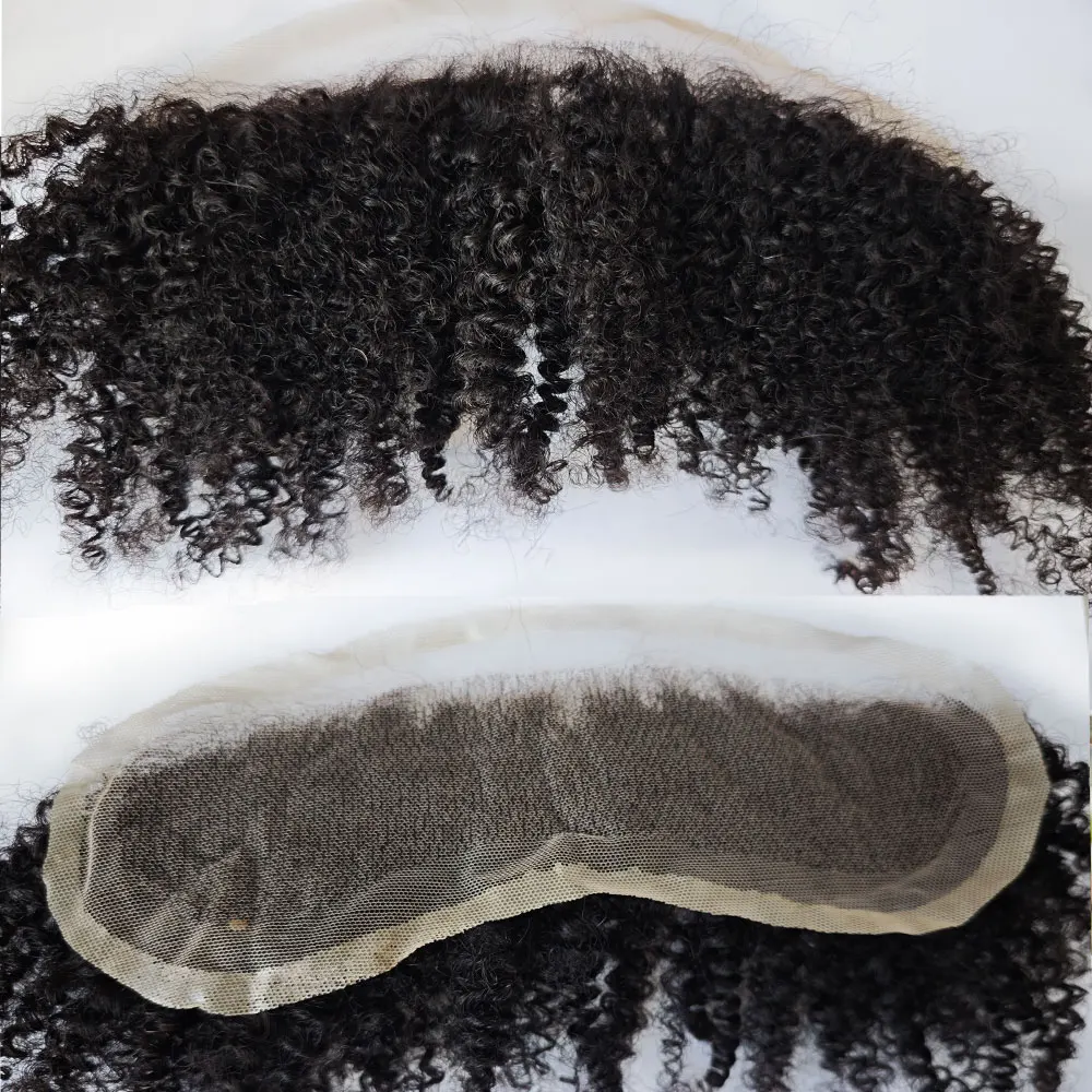 Afro Kinky Curly Breathable Lace Frontal Hairline Black Mens Toupee Human Hair Wig Bleached Knots V-Loop Topper with Women4X18CM