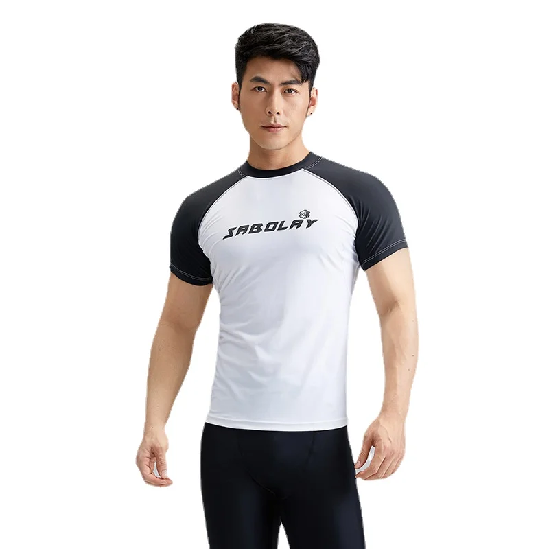 SABOLAY Men Surf Clothing Short Sleeves Sun Protection High Elastic Lycra T-Shirt Rash Guards Tight Fitting Diving Jacket Pants