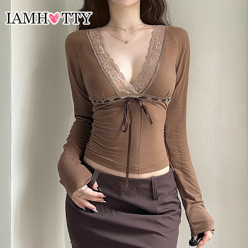 IAMHOTTY Coquette Lace Patchwork V-neck Cropped Top Brown Slim-fit Long Sleeve T-shirts Tie-up Bow Tees Fairycore Cute Tops Fall