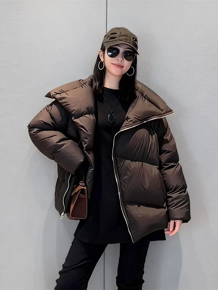 Faionable Brown Bread down Jaet Women's Winter New Sle Big Collar Street Sle Commute Sle Korean Version Polyester F...