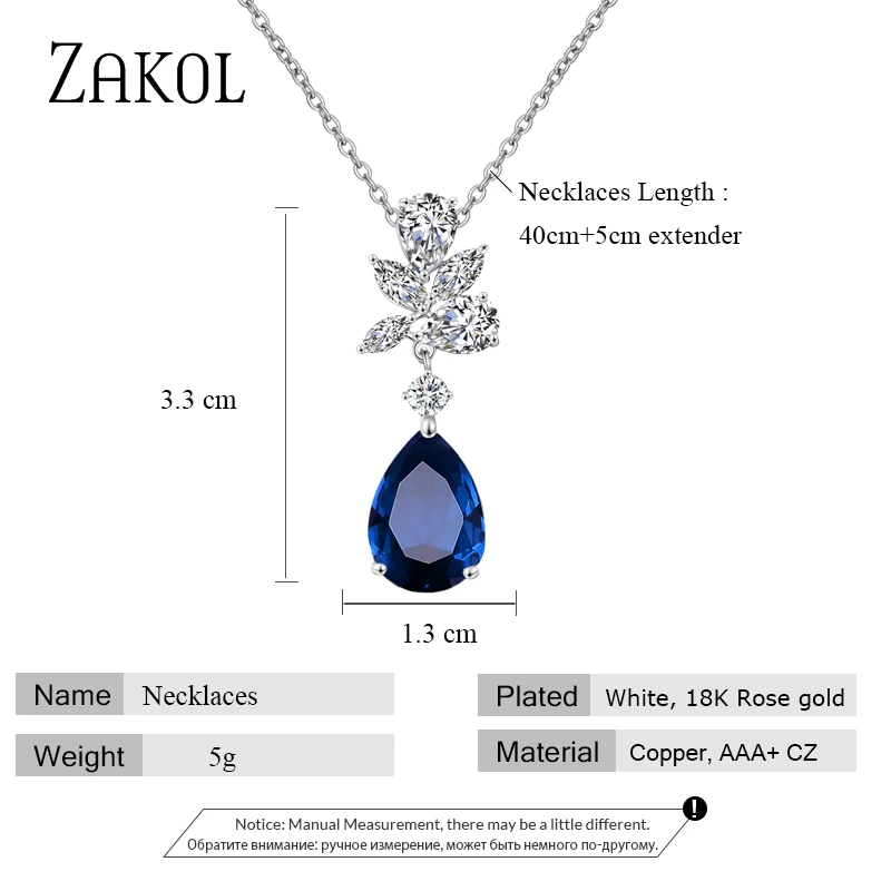 ZAKOL Fashion Water Drop Cubic Zirconia Pendant Necklace for Women Sliver Color Leaf Bridal Wedding Party Jewelry NP2143