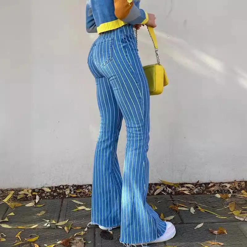 Women American Retro High Waist Striped Skinny Jeans Autumn New Ins Stylish Slimming Tight Long Denim Pants