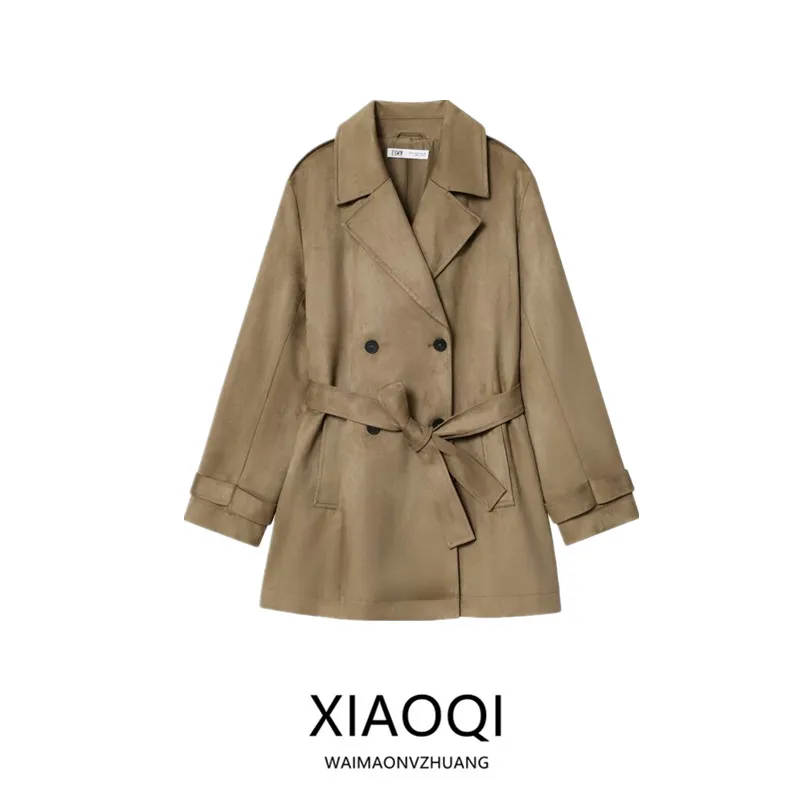 Manteau coupe-vent Faion pour femme, avec col, effet en Faux daim, Long, mi-long, Double boutonnage, automne 2025