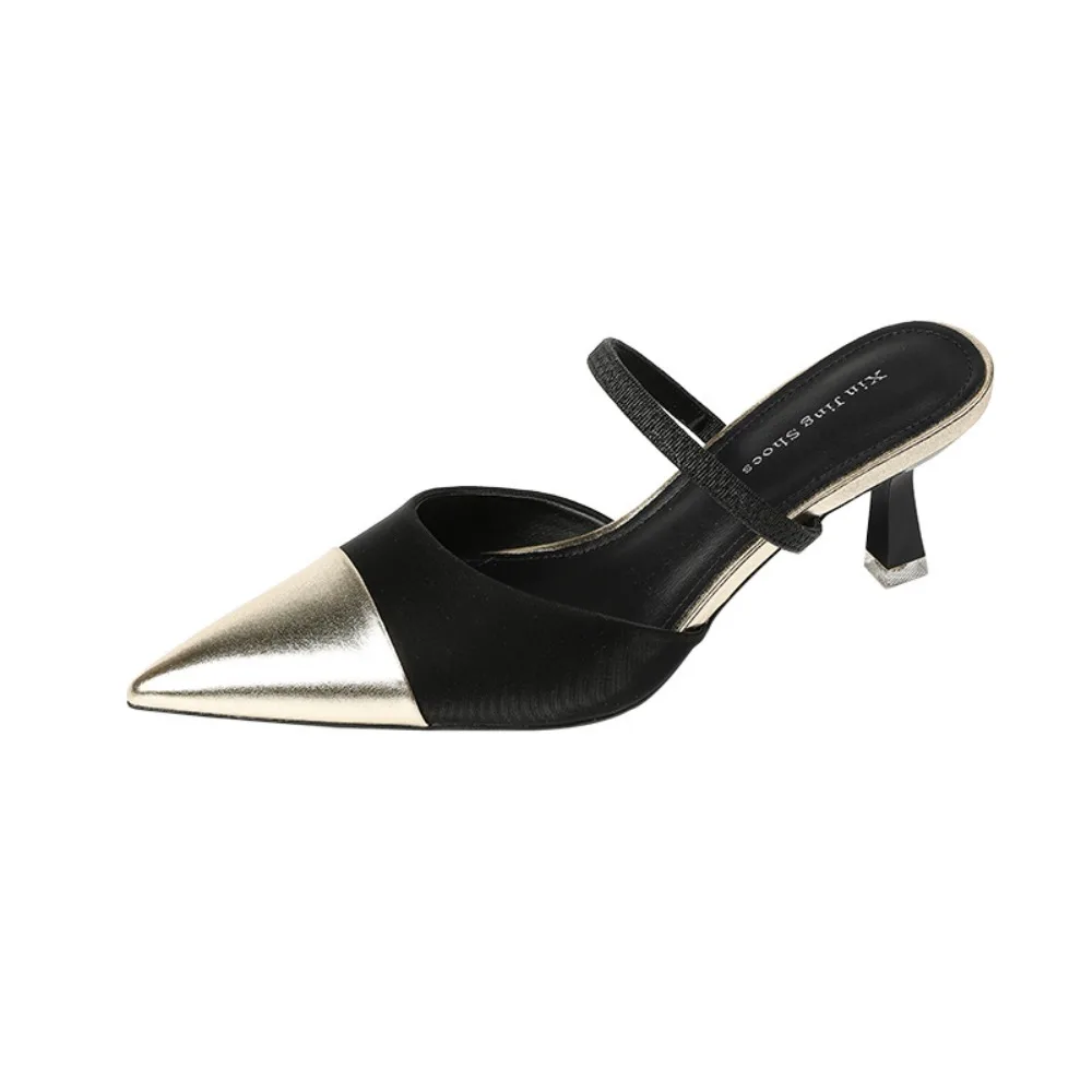 

2025SS Женские офисные туфли на каблуке 7 см, шикарные двухцветные туфли на высоком каблуке с острым носком и закрытым носком, с открытой спиной и ремешком на щиколотке, на каблуке «котенок»