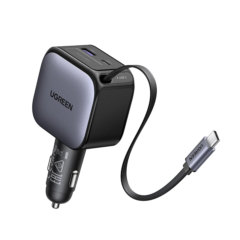 UGREEN USB Type-C Car Charger PD145W 90W 60W Retractable Cable PD SCP AFC PPS Fast Charging For Tabl