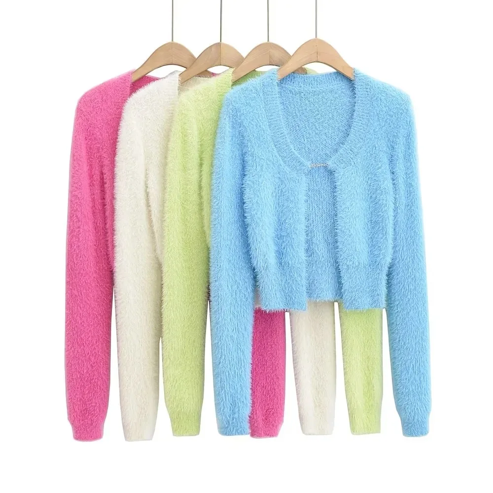 Momoluna Women La maille Neve Manches Longues Fluffy Charm Logo Long Ssleeve Cardigan