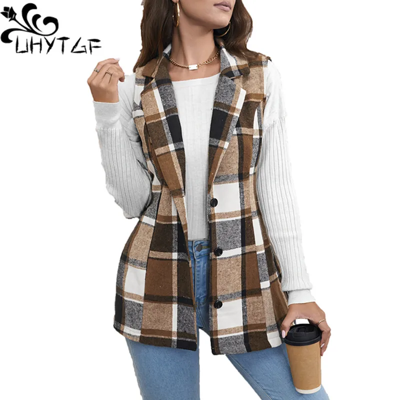 

Europe America Hot Selling Women's Waistcoat Elegant Commuting Lapel Single Breasted Multicolored Plaid Spring Autumn Vest 3071