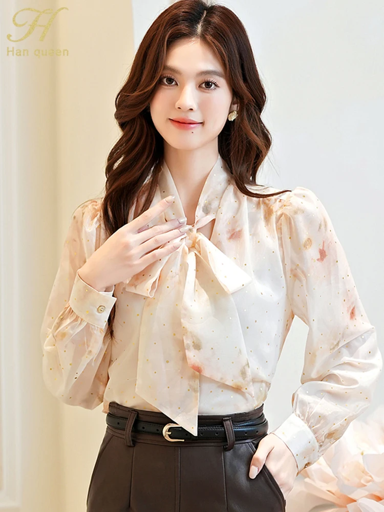 

H Han Queen 2025 Autumn Lace-Up Bow Printing Vintage Tops Chiffon Blouses Women Long Sleeve Work Casual Shirts Women's Clothing