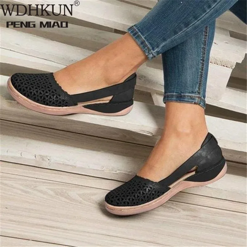 Letnie damskie kliny ortopedyczne sandały buty biurowe kobieta drążą zabytkowe buty Slip on Casual szycia panie Bunion sandał